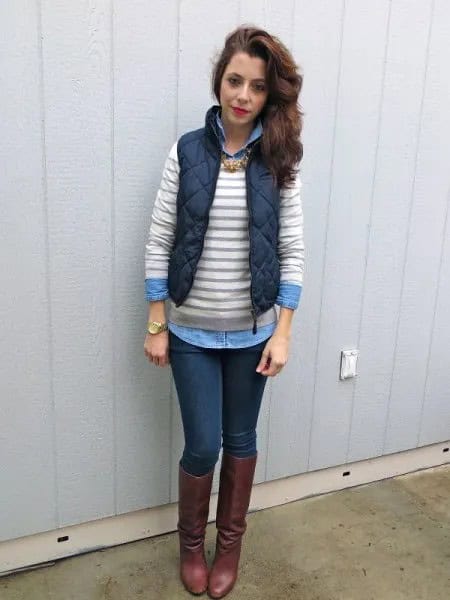 Grey and White Striped Sweater over Light Blue Chambray Shirt