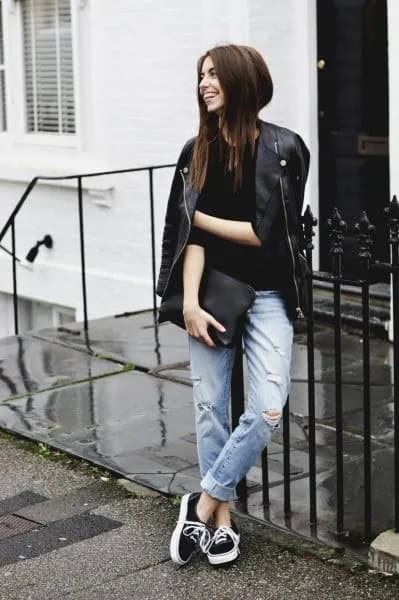 Black Leather Jacket with Cuffed Boyfriend Jeans & Clutch Bag