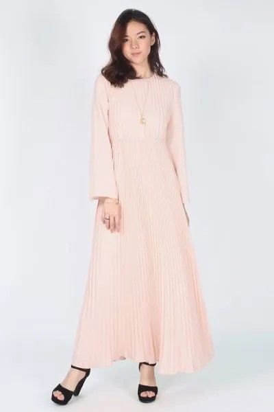 Pink Fit and Flare Bell Sleeve Pleated Maxi Dress