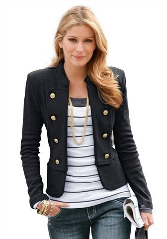 Black Short Blazer with Grey and White Striped Tee