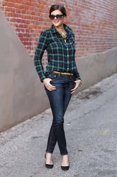 Dark Green Slim Fit Plaid Shirt with Blue Skinny Jeans