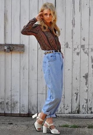 Red and Black Printed Shirt with High Waisted Vintage Cuffed Jeans