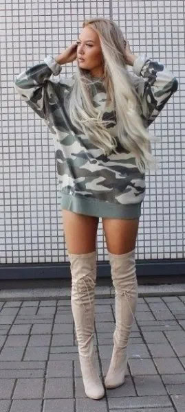 Camo Hooded Dress with Thigh High Boots