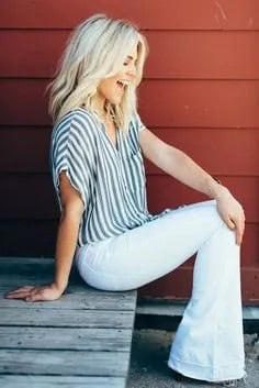 Grey and White Striped Short Wide Sleeve Button Up Shirt with Bell Bottom Jeans