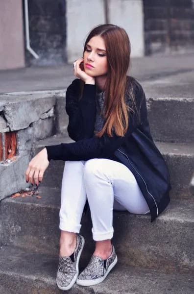 Black Bomber Jacket with White Cuffed Jeans & Grey Printed Walking Shoes