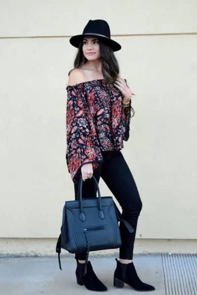 Off The Shoulder Floral Printed Blouse with Faux Denim Handbag