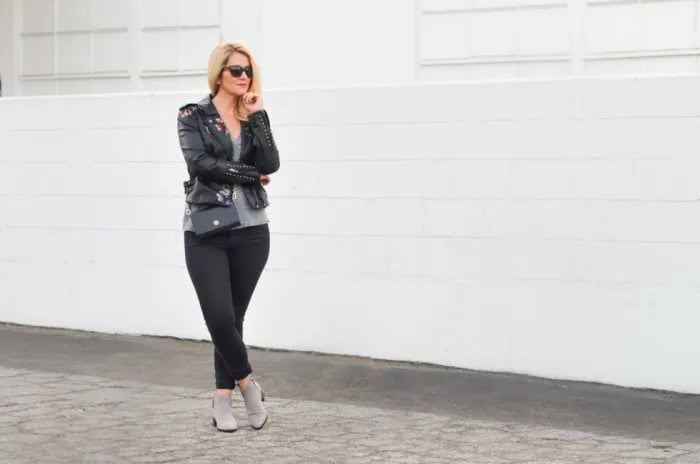 Black Leather Jacket with Scoop Neck Tee & Grey Ankle Boots