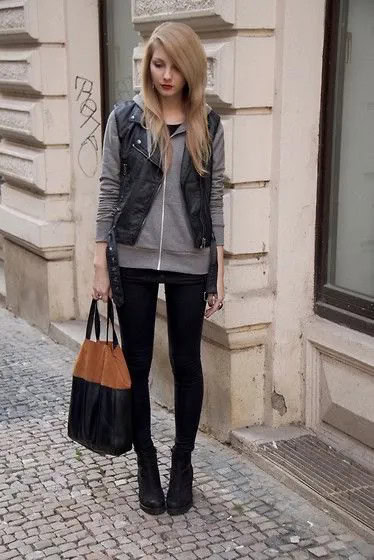 Grey Zip Up Hoodie with Black Biker Vest & Skinny Jeans