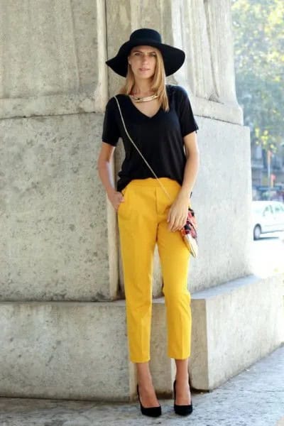 Black V Neck T Shirt with Floppy Hat & Cropped Yellow Pants