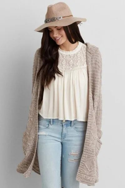 Straw Floppy Hat with White Lace Blouse & Grey Long Hooded Cardigan