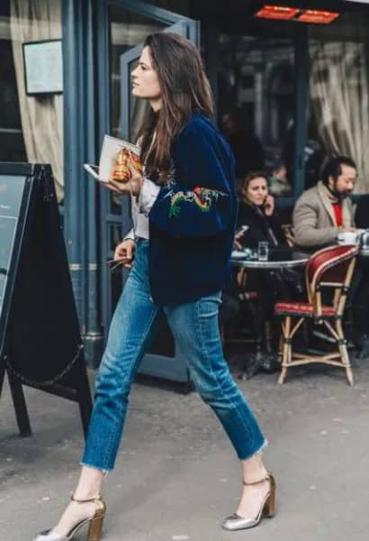 Dark Blue Floral Embroidered Velvet Bomber Jacket with Cropped Jeans