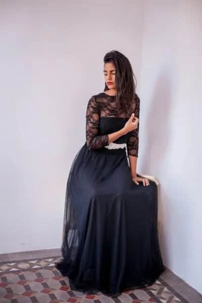 Long Flowy Tulle Skirt with Black Lace Top