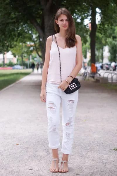 White V Neck Tank Top with Ripped Boyfriend Jeans & Flat Sandals