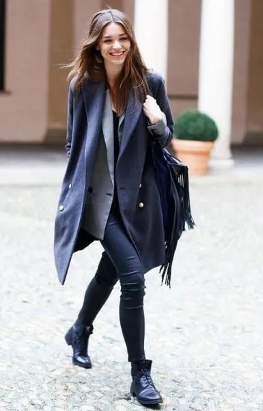 Black Double Breasted Long Wool Blazer with Grey Vest & Skinny Jeans