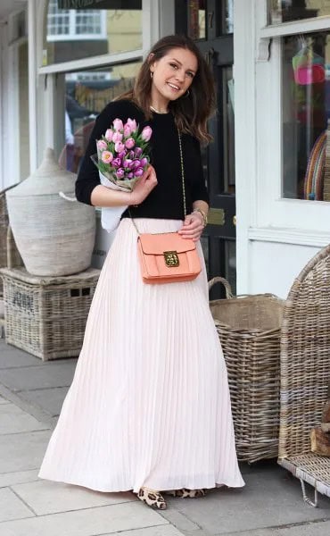 White Maxi Skirt with Black Crew Neck Fitted Knit Sweater