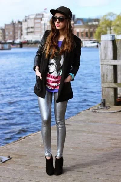 Black Leather Jacket with Blue Print Tee & Silver Leggings