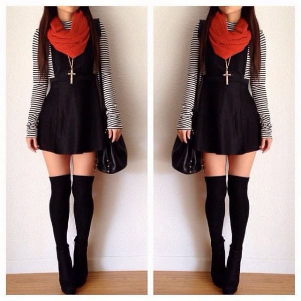 Thigh High Socks with Black Overall Skater Dress