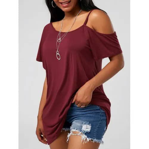 One Shoulder Burgundy Scoop Neck Tee with Blue Mini Denim Shorts