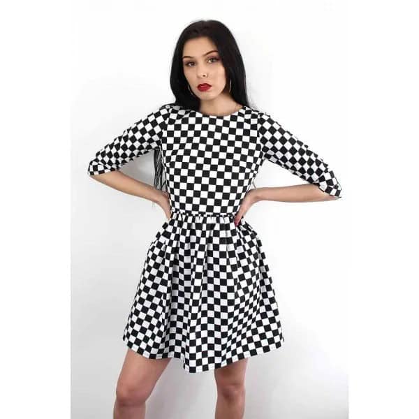 Half Sleeve Checkered Fit and Flare Mini Dress