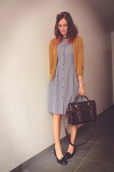 Black Heeled Loafers with Grey Button Front Shirt Dress