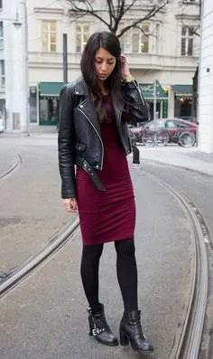 Leather Jacket with Burgundy Bodycon Knee Length Dress