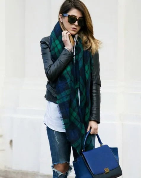 Black Leather Jacket with Navy and Grey Tartan Scarf