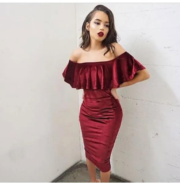 Burgundy Off The Shoulder Bodycon Midi Ruffle Occasion Dress