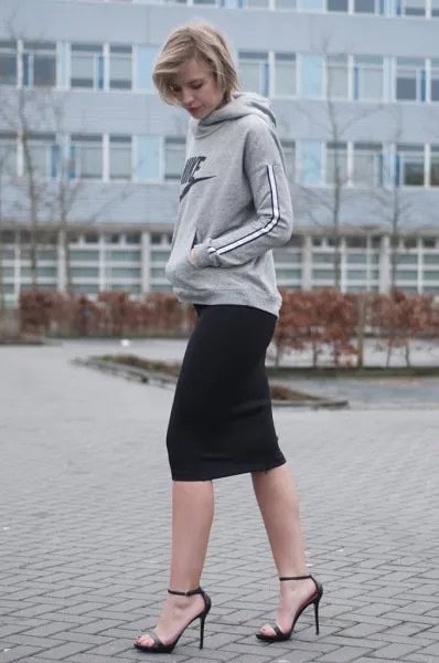 Grey Hoodie with Black Mini Skirt & Open Toe Heels