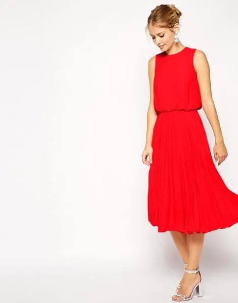 Red Blouson Pleated Midi Dress