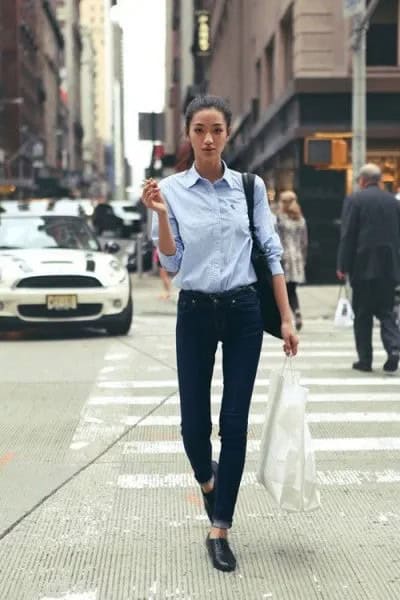 Light Blue Button Up Shirt with High Rise Dark Jeans & Leather Shoes