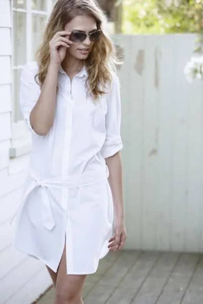 White Tie Waist Shirt Dress with Nude Sandals