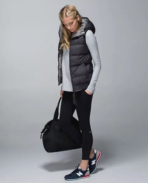 Black Hooded Puffer Vest with Grey Fitted Long Sleeve Tee & Cropped Skinny Jeans