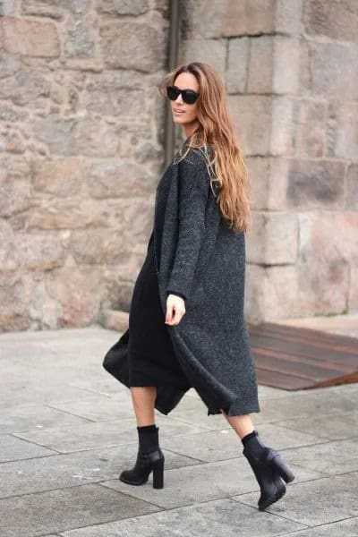 Grey Maxi Knit Cardigan with Black Midi Shift Tank Dress