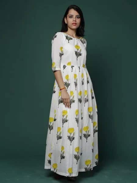 White Floral Printed Half Sleeve Maxi Flared Cotton Dress