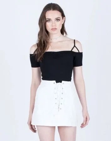 Black Cold Shoulder Top with White Lace Up Denim Skirt