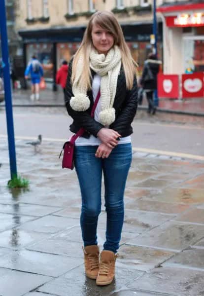 Black Quilted Leather Jacket with White Tee & Jeans