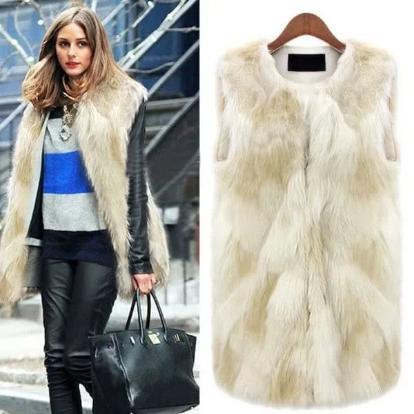 White Long Fur Vest with Blue and Grey Color Block Sweater