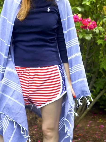 Navy T Shirt with Red and White Striped Shorts & Blue Kimono