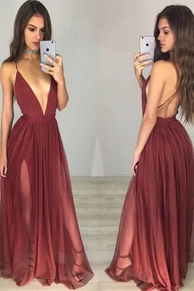 Burgundy Plunging Neckline Backless Floor Length Pleated Dress