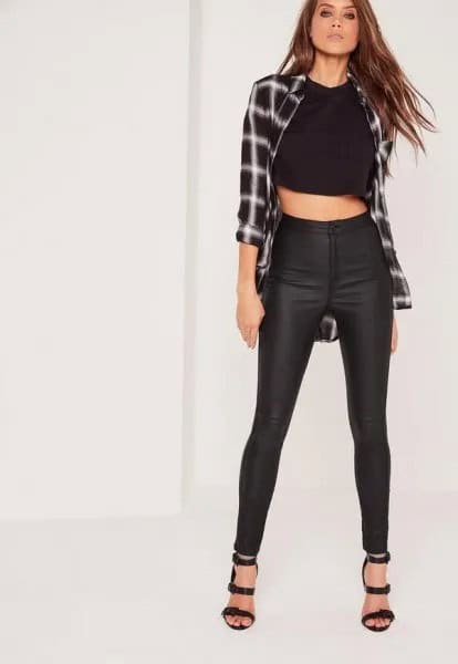 Plaid Boyfriend Shirt with Cropped Tee & Black High Waisted Waxed Skinny Jeans