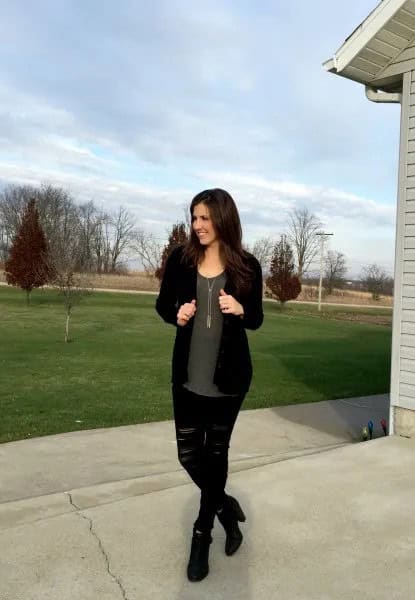 Black Cardigan with Grey Chiffon Blouse & Ripped Jeans