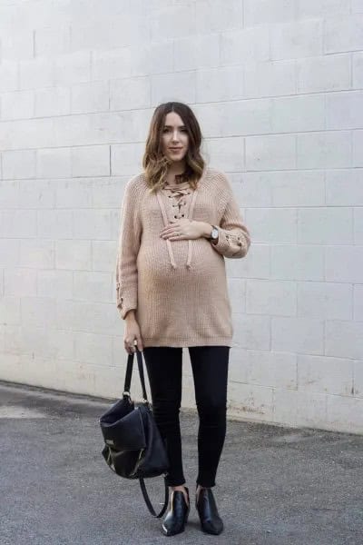 Tan Oversized Sweater with Black Cuffed Jeans & Leather Boots