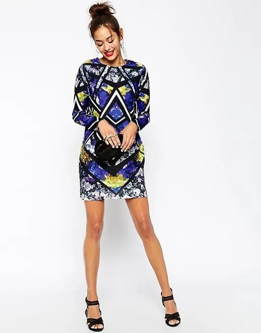 Geo Floral Long Sleeve T Shirt Dress