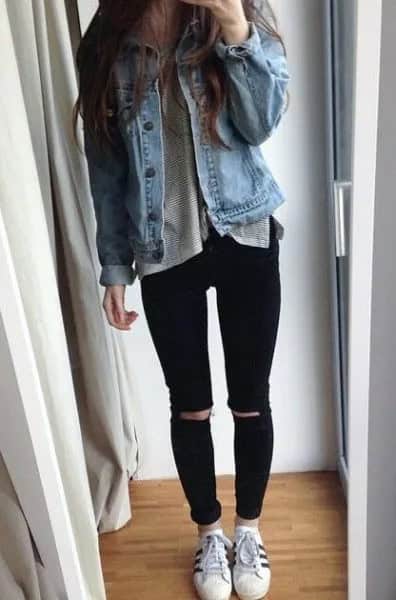 Blue Denim Jacket with Grey T Shirt & Ripped Jeans