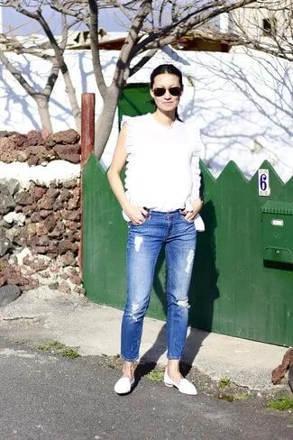 White Sleeveless Top with Blue Cropped Jeans & Leather Loafers