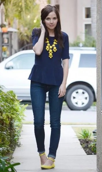 Navy Peplum Top with Yellow Statement Necklace