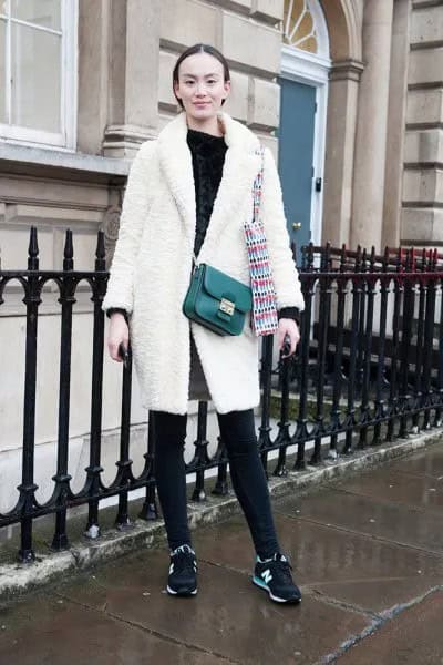 White Fleece Coat with Black Leather Over The Shoulder Purse