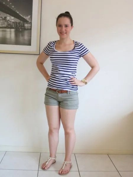 Green Khaki Shorts with Black and White Striped Tee