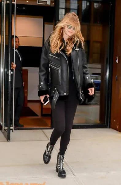 Black Leather Jacket with Skinny Jeans & Ankle Combat Boots