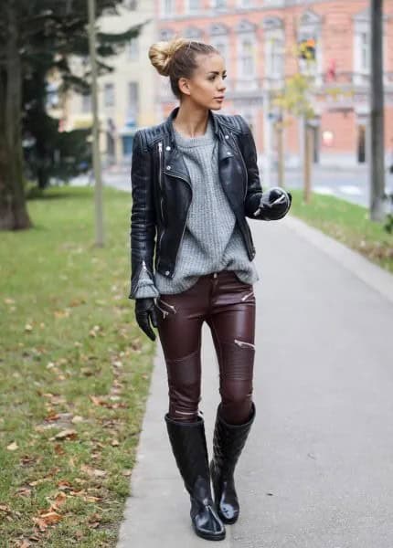 Black Biker Jacket with Grey Chunky Ribbed Sweater & Leather Leggings